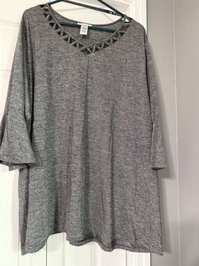 Catherines Gray Striped V-Neck Tunic with Triangle Cutout Neckline